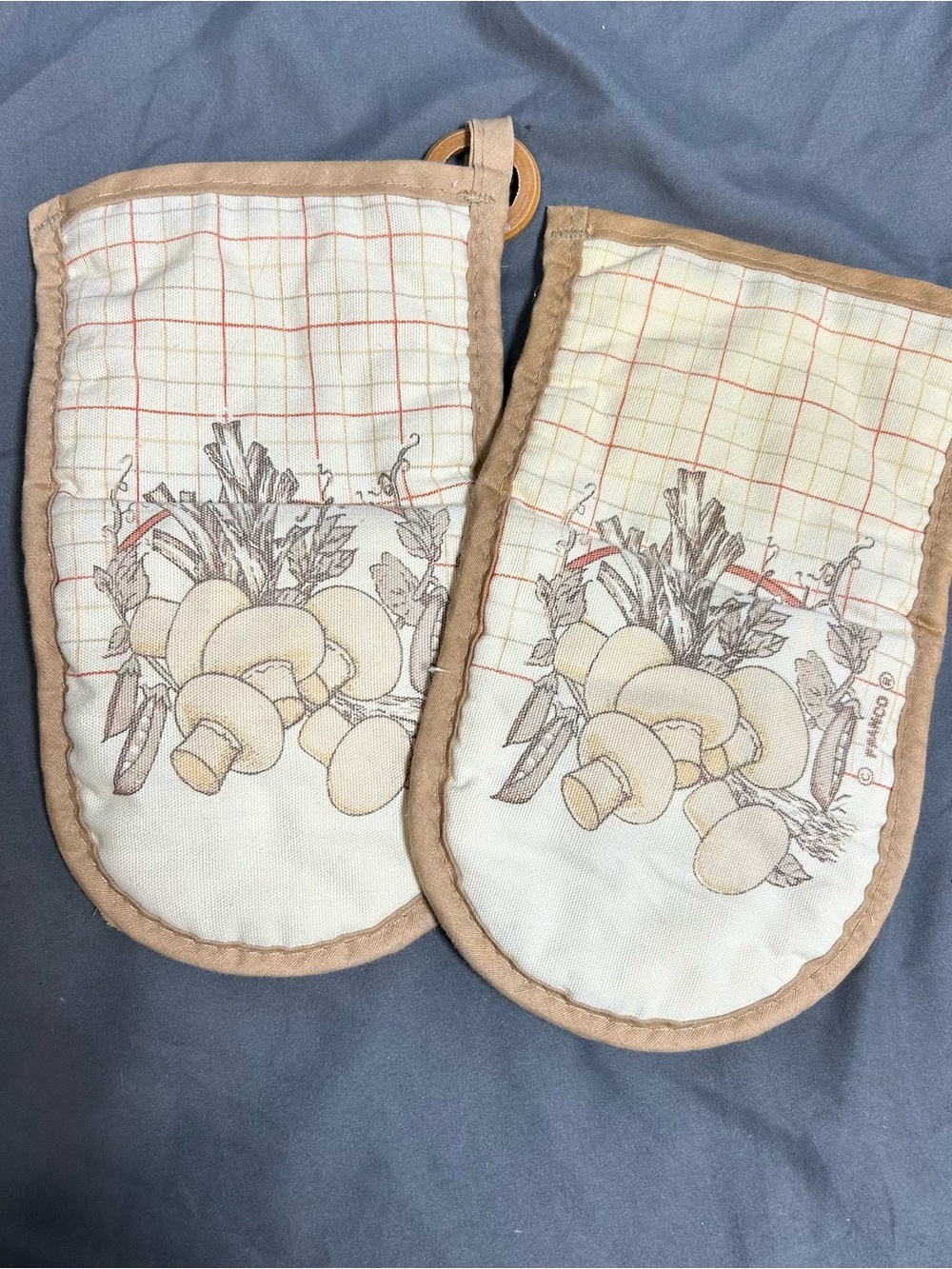 Vintage Franco Kitchen Oven Mitts Retro Mushroom And Vegetable Print 70s Cottage